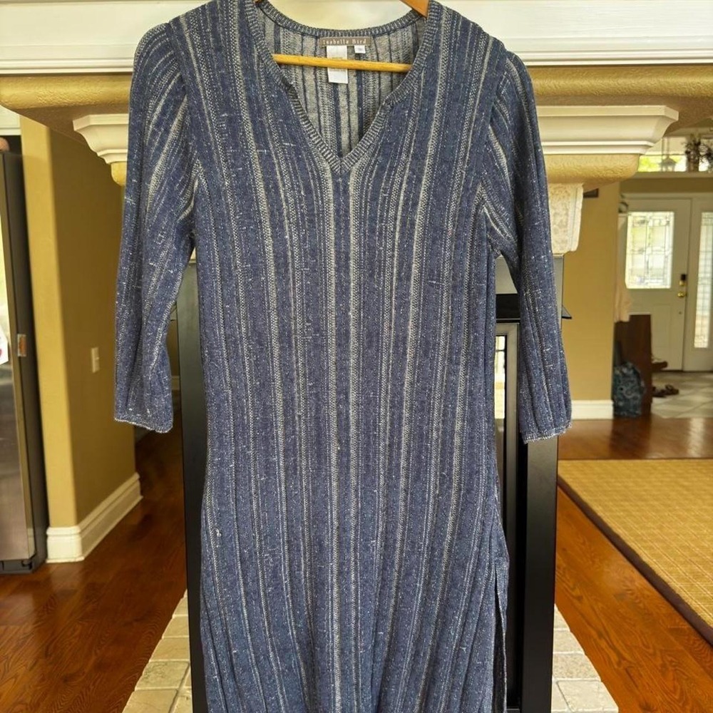 Isabella Bird Blue knit textured 3/4 sleeve tunic top fall cotton linen blend